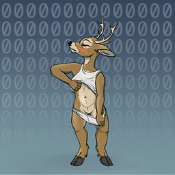 anthro antlers blush bottomwear bottomwear_down clothed clothing featureless_crotch horn male null pants pants_down partially_clothed solo el-yeguero cervine deer mammal 1:1 hi_res