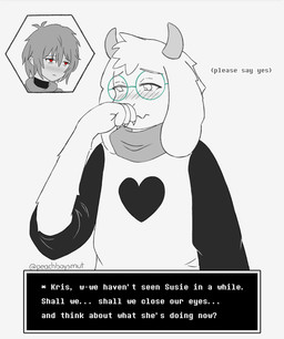 4_fingers anthro blush blush_lines clothing covering covering_mouth dialogue embarrassed eyewear femboy fingers fur glasses horn looking_away male paws robe scarf text wearing_glasses white_body white_fur peachboysmut deltarune undertale_(series) kris_dreemurr ralsei bovid caprine darkner goat human mammal comic english_text hi_res