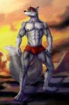 abs anthro biped black_nipples bulge claws clothed clothing fur grey_body grey_fur hair looking_up male navel nipples red_hair solo standing toe_claws topless underwear yellow_eyes bleakcat canid canine mammal hi_res