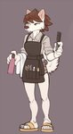 anthro apron barber bottle brush clothing comb_(brush) container female footwear hairbrush sandals shoes solo wick_(artist) joel_(wick) canid canine canis domestic_dog korean_jindo mammal spitz 2020 digital_media_(artwork)