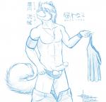 anthro balls blue_and_white bottomwear bottomwear_down canid canine canis clothed clothing domestic_dog erection genitals husky kouya_(morenatsu) male mammal monochrome morenatsu nordic_sled_dog pants pants_down partially_clothed penis solo spitz torias