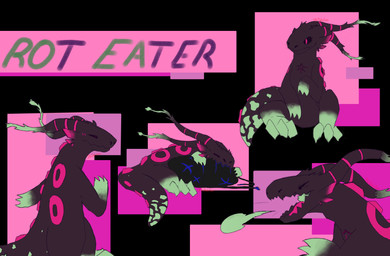 3_claws 3_toes ambiguous_gender back_spines big_tail black_background black_body black_sclera blood blue_blood blue_markings blush blush_lines bodily_fluids cheek_tuft chest_tattoo circle_(marking) claws colored_blood ear_markings eating eyes_closed facial_tuft feet feral fur gloves_(marking) green_markings jagged_mouth karma karma_symbol leg_markings long_ears markings mouth_closed open_mouth pink_eyes pink_markings pink_tongue ring_(marking) saliva semi-anthro simple_background sitting smile snout socks_(marking) solo spitting spots spotted_markings standing striped_markings stripes survival_symbol symbol tail tail_markings tail_spines tail_spots tattoo tendrils text toes tongue tuft unusual_blood unusual_bodily_fluids x_marking itsdahexo rain_world videocult roea daddy_long_legs_(rain_world) lizard lizard_(rain_world) reptile rot_(rain_world) scalie character_name hi_res model_sheet signature
