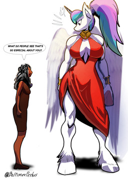 anthro anthrofied big_breasts black_hair blue_mane breasts cleavage_cutout clothing curvy_figure cutout dark_body dark_skin dialogue dress duo eyelashes feathered_wings feathers female fur hair hooves horn jealous larger_female long_mane mane multicolored_mane muscular muscular_anthro muscular_arms muscular_female pink_mane ponytail princess purple_eyes purple_mane purse question_mark red_clothing red_dress royalty simple_background size_difference smaller_female teal_mane text unicorn_horn voluptuous voluptuous_anthro voluptuous_female white_background white_body white_fur wings beltimerperbus friendship_is_magic hasbro my_little_pony mythology princess_celestia_(mlp) equid equine human mammal mythological_creature mythological_equine winged_unicorn 2025 absurd_res artist_name digital_drawing_(artwork) digital_media_(artwork) english_text hi_res signature