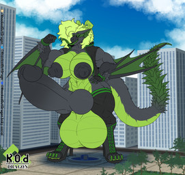 abs anthro areola balls bicep_curl big_areola big_balls big_breasts big_knot big_muscles big_nipples big_penis black_body black_clothing black_nipples black_penis blue_sky boots breasts building city city_background claws clothing colored_nails digitigrade fingerless_gloves footwear forked_tongue genitals gloves green_body green_claws green_clothing green_eyes green_hair green_horn green_nails green_scales gynomorph hair handwear high_heeled_boots high_heels high_top_shoes horn huge_areola huge_balls huge_breasts huge_knot huge_muscles huge_nipples huge_penis humanoid_genitalia humanoid_penis hybrid_genitalia hybrid_penis hyper hyper_balls hyper_genitalia hyper_knot hyper_penis intersex knot knotted_humanoid_penis knotted_penis legwear logo long_hair long_tongue macro macro_intersex muscular muscular_anthro muscular_intersex nails nipples penis plant presenting scales shoes sky skyscape skyscraper sleeveless_jacket solo street tail thick_tail thigh_highs tongue tree wings knockedoutdragon capcom monster_hunter kaya_(knockedoutdragon) flying_wyvern nargacuga artist_logo hi_res watermark