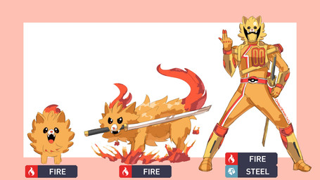angry armor belt boots border chart clothed clothing combat_suit evolution_chart fangs feral fire fluffy footwear fur gesture gloves hand_gesture handwear headgear helmet holster male melee_weapon number number_on_clothing object_in_mouth open_mouth open_smile orange_body orange_fur pink_border pointing pokemon_type_symbol pose scabbard sheathed_sword shoes simple_background smile sword sword_in_mouth teeth text weapon weapon_in_mouth white_background cosmoserenata nintendo pokemon pokemon_winds_and_waves power_rangers super_sentai tokusou_sentai_dekaranger doggie_kruger canid canine generation_10_pokemon humanoid mammal pokemon_(species) pombon 16:9 2026 absurd_res english_text hi_res signature widescreen