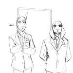 anthro bodyguard clothing duo male scar suit text uniform hladilnik canid canine canis domestic_dog mammal 1:1 english_text hi_res monochrome