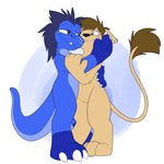 anthro cheek_to_cheek digitigrade duo hug korin_(species) male male/male romantic romantic_couple standing tail thick_tail scruffkerfluff kyrio_the_raptor_(kyrio) dinosaur dromaeosaurid felid lion mammal pantherine prehistoric_species reptile scalie theropod 1:1 hi_res