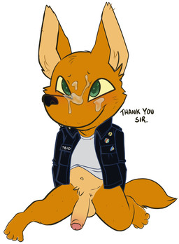anthro balls bodily_fluids bottomless clothed clothing cum cum_on_face dialogue english_honorific erection feet foreskin fur genital_fluids genitals glans green_eyes honorific humanoid_genitalia humanoid_penis jacket leather leather_clothing leather_jacket leather_topwear male navel orange_body orange_fur partially_retracted_foreskin penis pink_glans simple_background slightly_chubby smile solo tan_balls tan_body tan_fur tan_penis text thanking topwear white_background yellow_sclera tbid night_in_the_woods gregg_lee canid canine fox mammal english_text hi_res