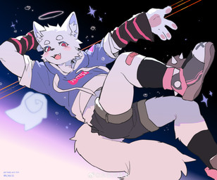 anthro biped clothed clothing eyebrows fur male open_mouth open_smile smile solo tail white_body white_fur milkybot canid canine mammal absurd_res hi_res