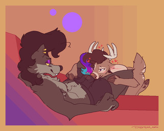 anthro antlers between_legs black_clothing black_hair black_nose black_underwear blue_highlights brown_body brown_fur brown_hair brown_hooves brown_nose bulge bulge_nuzzling clothed clothing clothing_pull duo ear_piercing ear_ring eyebrows fingers fur glistening_eyelids grey_antlers grey_body grey_fur hair heart_symbol highlights_(coloring) hooved_fingers hooves horn lying male male/male multicolored_highlights nipple_piercing nipples nuzzling on_back piercing purple_eyelids purple_highlights ring_piercing scut_tail short_tail snout tail underwear underwear_only underwear_pull yellow_eyes dyyrlysh kristoffer_everglade stanley_(doodledoggy) canid canine canis deer mammal new_world_deer white-tailed_deer wolf 2025 aliasing aseprite_(artwork) digital_drawing_(artwork) digital_media_(artwork) flat_colors hi_res