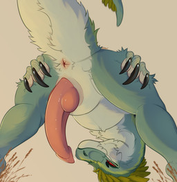 animal_genitalia anus big_penis bodily_fluids butt claws dripping erection feathers feral fingers genital_fluids genital_slit genitals grass green_body low-angle_view male penis plant precum precum_drip raised_tail scales solo tail tail_anus teeth thick_tail owishka dinosaur dromaeosaurid feathered_scalie prehistoric_species reptile saurischian scalie theropod absurd_res hi_res