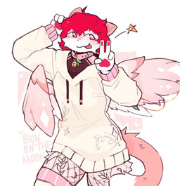 anthro bell bell_collar clothing collar feline_tail femboy fishnet_clothing fishnet_legwear fur gesture hair hand_gesture hoodie legwear male pink_body pink_fur pink_tail pink_wings red_hair simple_background solo tail thigh_highs topwear v_sign white_background white_body white_fur wings bunonthemoon skye_(sherb_art) felid feline mammal 2025 hi_res portrait three-quarter_portrait