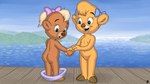 anthro bow_(feature) brown_body brown_fur butt female flat_chested floor fur genitals hair hand_holding lake mountain nipples open_mouth pussy short_hair sky standing tan_body tan_fur tongue wood wood_floor young young_female omatic disney talespin molly_cunningham stangel_(demonrat) bear mammal 16:9 2024 hi_res widescreen