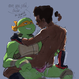 anal anal_penetration animal_genitalia animal_penis anthro anthro_penetrating anthro_penetrating_human bodily_fluids butt clothing dark_body dark_skin dialogue duo erection footwear freckled_face freckles from_front_position genital_fluids genitals gloves hair half-closed_eyes handwear human_on_anthro human_penetrated interspecies male male/male male_penetrated male_penetrating male_penetrating_male mask narrowed_eyes nude penetration penile penile_penetration penis sex shell simple_background sitting smile text relatedturtles marvel spider-man:_spider-verse spider-man_(series) teenage_mutant_ninja_turtles michelangelo_(tmnt) miles_morales human mammal reptile scalie turtle 1:1 crossover digital_media_(artwork) english_text hi_res