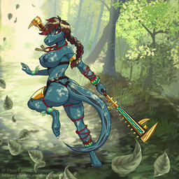 5_fingers adornments anthro anus areola armlet big_breasts big_butt biped black_hair blue_body blue_scales bracelet breasts butt clothing collar copyright_symbol curvy_figure digitigrade exposure_variation feathers female fingers forest forest_background genitals gold_(metal) gold_armlet gold_bracelet gold_jewelry gold_plate gold_weapon hair jewelry looking_at_viewer looking_back looking_back_at_viewer muscular muscular_anthro muscular_female nature nature_background nipples non-mammal_breasts non-mammal_hair non-mammal_nipples non-mammal_vulva nude plant red_eyes scales solo symbol tail text thick_thighs topwear tree tribal voluptuous voluptuous_anthro voluptuous_female vulva warrior weapon wide_hips duart.tales warhammer_(franchise) warhammer_fantasy seia_(sek-raktaa) dinosaur dromaeosaurid mammal prehistoric_species reptile saurischian scalie theropod velociraptor 1:1 artist_name digital_media_(artwork) hi_res url