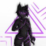 biped black_body black_bottomwear black_clothing black_hair black_topwear bottomwear clothing eye_mist female front_view glowing glowing_eyes hair highlights_(coloring) markings pattern_background purple_eyes purple_highlights purple_markings simple_background solo standing topwear triangle_(shape) wraps kineris_(artist) animal_humanoid humanoid 1:1 absurd_res digital_media_(artwork) hi_res portrait restricted_palette three-quarter_portrait