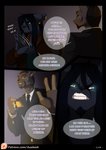 anthro azaleesh bared_teeth black_body black_fur black_hair brown_body brown_fur clothed clothing comic credit_card dialogue digital_media_(artwork) duo ear_piercing english_text facial_hair felid fur hair hi_res jesse_(cyrion100) male mammal piercing standing suit teeth text url