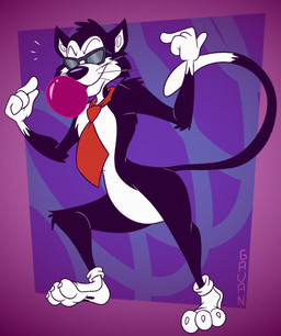 anthro black_body black_ears black_eyewear black_fur black_hair black_nose black_sunglasses black_tail blowing_bubble_gum bubble_gum curvy_figure eyewear fur gesture hair hand_gesture male necktie pointing pointing_at_self pose red_necktie solo sunglasses tail toony two_tone_tail whiskers white_body white_fur white_tail wide_hips gavanzude bubbaloo_(gum) bubba_(bubbaloo) domestic_cat felid feline felis mammal 2024 digital_media_(artwork) hi_res