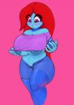 big_breasts blue_body blue_skin blush breasts clothed clothing embarrassed female footwear genitals hair huge_breasts legwear machine nipples not_furry purple_eyes pussy red_hair short_stack simple_background socks solo thick_thighs topwear wide_hips dibujosv12 3v4 android humanoid robot 2018 absurd_res digital_media_(artwork) hi_res