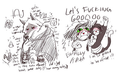anthro blush bodily_fluids clothed clothing crying female fluffy green_eyes group happy interspecies male male/female male/male red_eyes shy tears tears_of_joy text trio ultimatellurker dreamworks puss_in_boots_(franchise) death_(puss_in_boots) kitty_softpaws puss_in_boots_(dreamworks) canid canine canis domestic_cat felid feline felis mammal tabby_cat tuxedo_cat wolf english_text hi_res