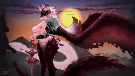 anthro armor big_breasts breasts clothing covered_eyes crystal detailed_background dusk female field gem genitals hair headgear headwear helmet horn jewelry long_hair long_tail melee_weapon nude sky solo sun sword tail vulva weapon wings riddleheart mythology deyla_(joxdkauss) dragon mythological_creature mythological_scalie scalie 16:9 2023 hi_res widescreen