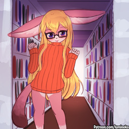 5_fingers anthro big_ears blep blonde_hair blue_eyes blush book bookshelf bottomless bottomless_anthro bottomless_female clothed clothing countershade_face countershade_fur countershade_hands countershading detailed_background dipstick_tail eyebrows eyewear female female_anthro fingers front_view fur furniture glasses gloves_(marking) hair inner_ear_fluff inside leg_markings library long_hair long_tail looking_at_viewer markings orange_clothing orange_sweater orange_topwear pink_body pink_fur public rectangular_glasses smile socks_(marking) solo standing sweater sweater_only tail tail_markings text tongue tongue_out topwear topwear_only tuft turtleneck wearing_glasses white_body white_countershading white_inner_ear_fluff young young_anthro young_female lumineko fez_(beluinus) canid canine fennec_fox fox mammal true_fox 1:1 2019 artist_name colored digital_drawing_(artwork) digital_media_(artwork) flat_colors hi_res portrait three-quarter_portrait url
