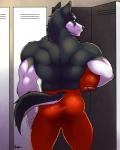 american_football anthro armor back_muscles biceps big_butt big_muscles black_body black_fur black_nose blue_eyes bottomwear butt clothed clothing fur furgonomics gloves_(marking) headgear helmet holding_object humanoid_hands inside locker locker_room looking_at_viewer looking_back male markings muscular muscular_anthro muscular_male pants purple_body purple_fur rear_view solo sport standing tail tail_clothing tight_clothing topless white_body white_fur dwalker sebastian_king canid canine canis mammal wolf 4:5 absurd_res hi_res portrait three-quarter_portrait