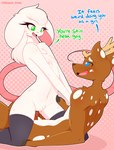 2018 absurd_res anthro anthro_on_anthro blue_eyes blush bodily_fluids breasts brown_body brown_fur cowgirl_position crossgender darin_(whygena) deer dialogue dotted_background duo english_text erection female female_on_top female_penetrated from_front_position fur genital_fluids genitals green_eyes hi_res innie_pussy interspecies male male/female male_penetrating mammal mouse murid murine nipples on_bottom on_top pattern_background penetration penis pussy reggie_(whygena) rodent sex simple_background small_breasts text vaginal vaginal_fluids vaginal_penetration white_body white_fur whygena