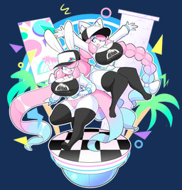 anthro bell bell_collar big_breasts biped black_baseball_cap black_clothing black_legwear black_thigh_highs black_topwear blue_bottomwear blue_clothing blue_hair blue_hotpants blue_shorts bottomwear braided_pigtails breasts checkered checkered_floor cleavage clothed clothed_anthro clothed_female clothing collar duo female fur furgonomic_baseball_cap furgonomic_hat furgonomic_headwear furgonomics hair hair_over_eye hotpants huge_breasts inner_ear_fluff jacket legwear long_ears long_hair looking_at_viewer midair multicolored_hair one_eye_obstructed open_clothing open_jacket open_mouth open_smile open_topwear pink_bottomwear pink_clothing pink_hair pink_hotpants pink_shorts shorts smile text thigh_highs topwear tuft two_tone_baseball_cap two_tone_hair white_baseball_cap white_body white_clothing white_fur white_jacket white_topwear theycallhimcake butter_(theycallhimcake) cream_(theycallhimcake) domestic_cat felid feline felis lagomorph leporid mallkin mammal rabbit 2021 alpha_channel digital_drawing_(artwork) digital_media_(artwork) english_text full-length_portrait hi_res portrait