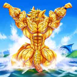 abs anthro balls biceps big_muscles big_penis blonde_hair bracelet clothing flaccid fur genitals hair huge_muscles huge_penis hyper hyper_muscles jewelry long_penis long_tail looking_at_viewer male muscular muscular_anthro muscular_arms muscular_male nude nude_anthro pecs penis pose purple_eyes solo speedo standing swimwear tail text vein veiny_arms veiny_muscles veiny_penis water waterfall wet wet_body yellow_body yellow_fur yellow_tail taiko-sihori canid canine fennec_fox fox mammal true_fox 1:1 hi_res