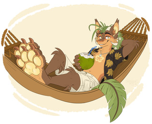 anthro banana beverage big_feet bottomwear bovid_horn brown_body brown_fur caprine_horn claws clothed clothing coconut coconut_drink drinking_straw drupe_(fruit) feet food foot_focus fruit fur grass_hair hammock hands_behind_head horn leaf leaf_tail looking_at_viewer male open_clothing open_shirt open_topwear plant ram_horn reclining shell_necklace shirt shorts solo tail toe_claws topwear strawbear kalei_(hydro19) elemental_creature flora_fauna furred_kobold furred_scalie hybrid kobold scalie hi_res