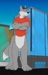 bottomless building city clothed clothing macro male multi_leg multi_limb plantigrade shirt solo street topwear quinn_(artist) tyvulpine canid canine fox mammal taur hi_res