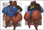 2_heads 5_fingers anthro big_breasts big_butt biped blue_clothing border breasts butt cellulite clothed clothing eyebrows female fingers front_and_back green_eyes hooves horn huge_breasts huge_butt huge_hips multi_head one-piece_swimsuit overweight overweight_anthro overweight_female rear_view red_border solo swimwear thick_thighs venus_figure wide_hips dizzyknight fallout microsoft bovid bovine brahmin_(fallout) cattle mammal 2023 absurd_res digital_media_(artwork) hi_res