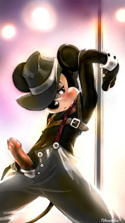 anthro button_(fastener) clothed clothing erection fedora genitals harness hat headgear headwear humanoid_genitalia humanoid_penis male overalls partially_clothed penis pole presenting presenting_penis shirt_cuffs solo stripper stripper_pole tail twistedterra disney mickey_mouse house_mouse mammal mouse murid murine rodent hi_res