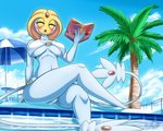 5:4 anthro bikini blush book breasts clothed clothing crossed_legs curvy_figure eyes_closed female generation_4_pokemon hi_res lake_guardians latiar legendary_pokemon legendary_trio navel nintendo open_mouth pokemon pokemon_(species) solo swimwear uxie