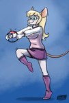 action_pose anthro blonde_hair bottomwear breasts clothed clothing eyewear female footwear glasses hair pink_nose pose shirt skirt socks solo tail topwear white_hair shieltar nintendo ring_fit_adventure amy_mitchell mammal mouse murid murine rodent 2021 hi_res