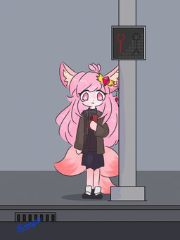 3_tails accessory adolescent anthro black_bottomwear black_clothing black_footwear black_shoes black_skirt black_sweater black_topwear bottomwear brown_clothing brown_jacket brown_topwear cellphone clothed clothing dipstick_tail ear_piercing ear_ring electronics featureless_hands female footwear fully_clothed fur hair hair_accessory holding_object holding_phone inner_ear_fluff jacket long_hair looking_at_object looking_at_phone markings multi_tail outside phone piercing pink_body pink_ears pink_fur pink_inner_ear pink_tail red_tail_tip ring_piercing road shoes shoulder_bag skirt smartphone solo standing sweater tail tail_markings tan_inner_ear_fluff topwear traffic_light tuft young young_anthro young_female conditional_dnp xammyxx cherry_(xammyxx) canid canine fennec_fox fox mammal true_fox 2026 3:4 digital_media_(artwork) hi_res ibispaint_(artwork) shaded signature watermark