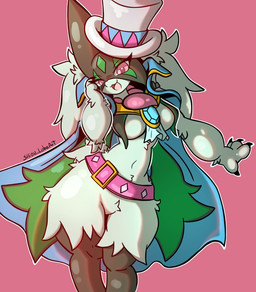 anthro belt big_breasts blue_gem breast_curtains breasts cape claws clothing female finger_claws flower_(anatomy) fur gem green_body green_fur hat headgear headwear holowear_(pokemon) mask open_mouth pink_eyes pokemorph solo thick_thighs wide_hips shion_lobaart nintendo pokemon pokemon_unite phantom_thief_style_meowscarada generation_9_pokemon meowscarada pokemon_(species)