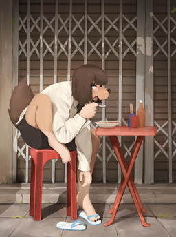 4_toes anthro bottomwear bowl claws clothed clothed_anthro clothed_female clothing container curling_toes cutlery eating eyewear feet female female_anthro flip_flops floppy_ears footwear fur glasses hair kemono kitchen_utensils looking_at_viewer lop_ears open_mouth sandals shoes shorts sitting snout solo spoon tail toe_claws toes tools wearing_glasses styimbym canid canine canis domestic_dog mammal 2025 absurd_res digital_media_(artwork) hi_res
