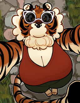 anthro big_breasts black_ears bottomwear breasts brown_eyebrows camera circle_eyebrows cleavage clothed clothed_anthro clothed_female clothing eyebrows eyewear facial_markings feet female fur glasses grass green_bottomwear green_clothing head_markings holding_camera holding_object inner_ear_fluff looking_at_viewer markings neck_tuft open_mouth open_smile orange_eyes path plant red_clothing red_topwear rock selfie shadow small_ears smile solo stone_path striped_body striped_face striped_fur striped_markings striped_tail stripes sunglasses tail tail_markings tail_wrapped_around tinted_glasses topwear tuft wearing_glasses white_body white_breasts white_fur white_inner_ear white_inner_ear_fluff white_tuft highlandkall naomi_(highlandkall) felid mammal pantherine tiger 2024 colored digital_drawing_(artwork) digital_media_(artwork) hi_res