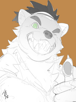 anthro black_eyebrows black_hair brown_background claws eyebrows fangs finger_claws fur gesture green_eyes grin grinning_at_viewer hair hand_gesture light_body light_fur looking_at_viewer male nude one_eye_closed pawpads pupils simple_background slit_pupils smile smiling_at_viewer solo teeth thumbs_up toothy_grin white_sclera wink winking_at_viewer chiayeeee bear mammal 2023 absurd_res bust_portrait digital_drawing_(artwork) digital_media_(artwork) hi_res portrait