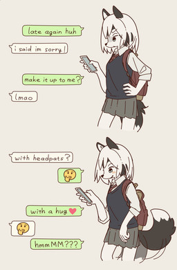 5_fingers anthro backpack blue_eyes blush bottomwear cellphone clothed clothing electronics female female_anthro fingers fur hair kemono open_mouth phone simple_background skirt smartphone smile solo standing text white_background white_body white_fur third-party_edit yagi_the_goat canid canine canis domestic_dog husky mammal nordic_sled_dog siberian_husky spitz 2018 english_text hi_res