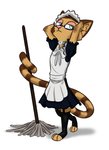 anthro bell brown_body brown_fur cleaning_tool clothed clothing collar eyewear fully_clothed fur glasses maid_uniform mop pose simple_background solo standing uniform white_background theblueberrycarrots ty_(appleseed) banded_linsang linsang mammal viverrid 2020 hi_res