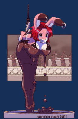 accessory anthro arms_tied bdsm big_breasts black_bra black_clothing black_ear_tips black_underwear blue_eyes bodily_fluids bondage bound bra breasts candy chocolate chocolate_bunny chocolate_on_body clothing dessert dipstick_ears ear_markings ear_piercing ear_ring eyelashes female food fur hair hair_accessory hairclip multicolored_ears piercing pink_body pink_fur red_hair restraints ring_piercing rope rope_bondage rope_harness scut_tail short_hair short_tail solo sweat tail tape taped_mouth underwear white_body white_fur heartgear_(artist) lagomorph leporid mammal rabbit 2014 alpha_channel hi_res