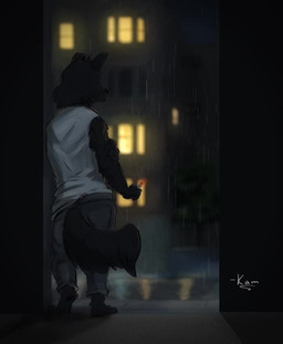 ambiguous_gender anthro black_body black_fur building cigarette city cityscape clothing fur raining solo window kam disney pack_street zootopia betty_(weaver) fan_character canid canine canis mammal wolf animated no_sound short_playtime video