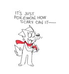 ambiguous_gender anthro canid canine clothing dialogue english_text hat headgear headwear hi_res holding_object mammal nintendo pokeball pokemon red_scarf scarf simple_background solo spot_color standing text twistcmyk white_background