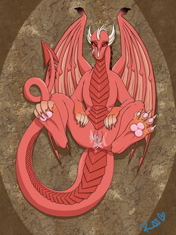 anus bodily_fluids claws eyebrows facial_scales female feral genital_fluids genitals horn pattern_background pawpads paws scale_eyebrows scales simple_background solo spiked_tail spikes spikes_(anatomy) tail tongue tongue_out vaginal_fluids vulva wings riss_(artist) mythology ember_(xjax1) dragon mythological_creature mythological_scalie scalie absurd_res hi_res