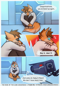 against_surface against_wall anthro barefoot biped blue_eyes bottomwear brown_hair camera clothed clothing coat curled_up dialogue ears_back feet fetal_pose fur hair hugging_legs male motion_lines offscreen_character orange_body orange_fur page_number pants pivoted_ears sad sitting solo speech_bubble tail text topwear white_clothing white_coat white_topwear darkdraconica dave_(darkdraconica) canid canine fox mammal 2023 absurd_res colored comic digital_drawing_(artwork) digital_media_(artwork) english_text hi_res url
