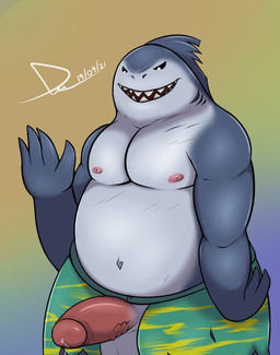 4_fingers anthro balls bodily_fluids bottomwear clothing erection feral fingers foreskin genital_fluids genitals gradient_background humanoid_genitalia humanoid_penis male navel nipples obese obese_male overweight overweight_male pecs penis pink_nipples precum shorts simple_background slightly_chubby slightly_chubby_male smile solo vein veiny_penis derickk76 dc_comics king_shark aquatic fish shark 2021 dated digital_drawing_(artwork) digital_media_(artwork) half-length_portrait hi_res portrait shaded signature soft_shading