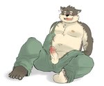 anthro balls belly blush claws embarrassed erection genitals humanoid_genitalia humanoid_penis male navel nipples pecs penis sitting slightly_chubby solo suspender rampie lifewonders tokyo_afterschool_summoners moritaka_(tas) canid canine canis domestic_dog mammal